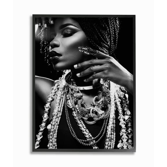 The Stupell Home Decor Collection Fashion Model Adorned in Jewelry Black and White Portrait Framed Giclee Texturized Art