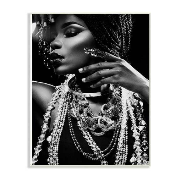 The Stupell Home Decor Collection Fashion Model Adorned in Jewelry Black and White Portrait Wood Wall Art
