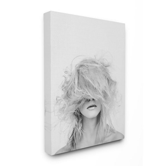 The Stupell Home Decor Collection Fashion Model Wild Hair Makeover Black and White Portrait Canvas Wall Art