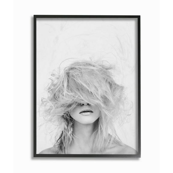 The Stupell Home Decor Collection Fashion Model Wild Hair Makeover Black and White Portrait Framed Giclee Texturized Art