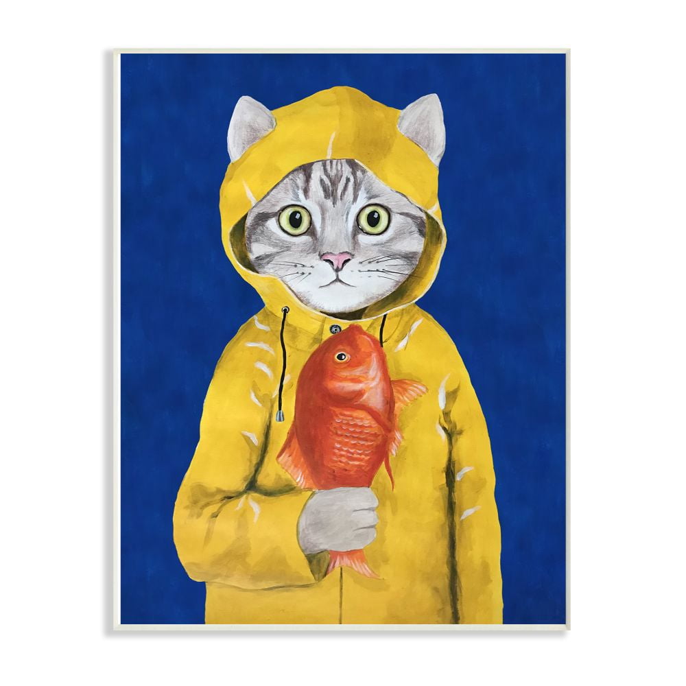 The Stupell Home Decor Collection Fisherman Feline Yellow Coat Cat Wall Plaque Art
