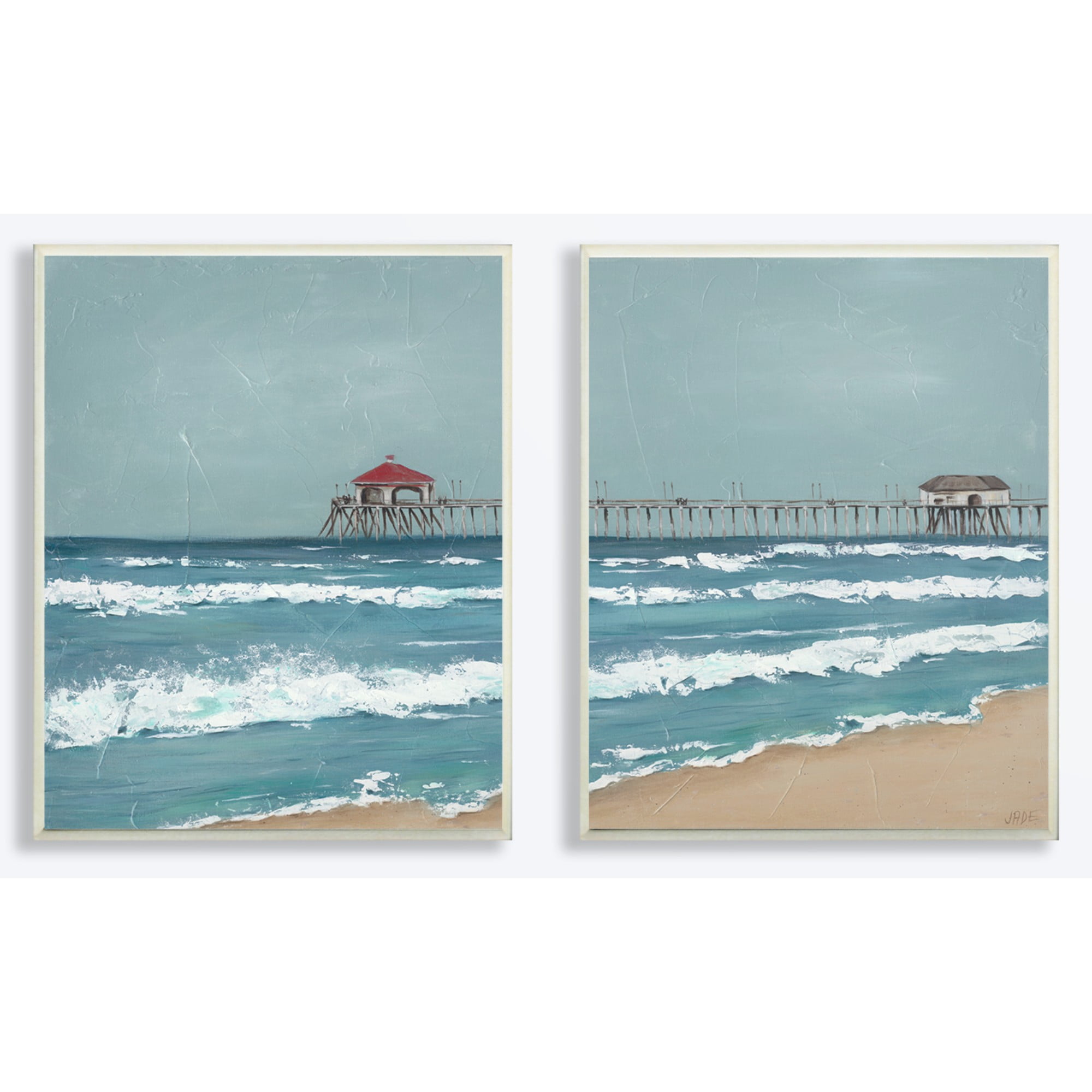 The Stupell Home Decor Collection Fishing Pier Beach Diptych Painting 2pc Wall Plaque Art Set, 10 x 0.5 x 15