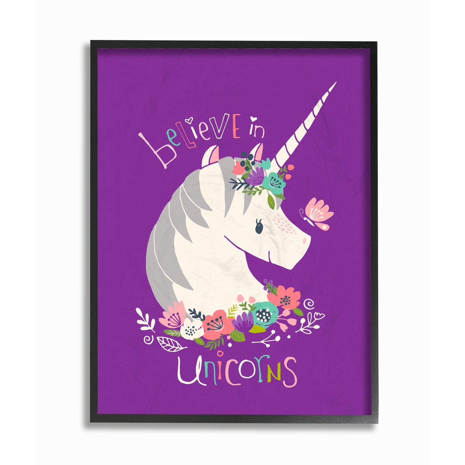 The Stupell Home Decor Collection Floral Believe in Unicorns Wall Art