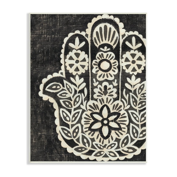 The Stupell Home Decor Collection Floral Pattern Black and White Hamsa Wall Plaque Art, 10 x 0.5 x 15