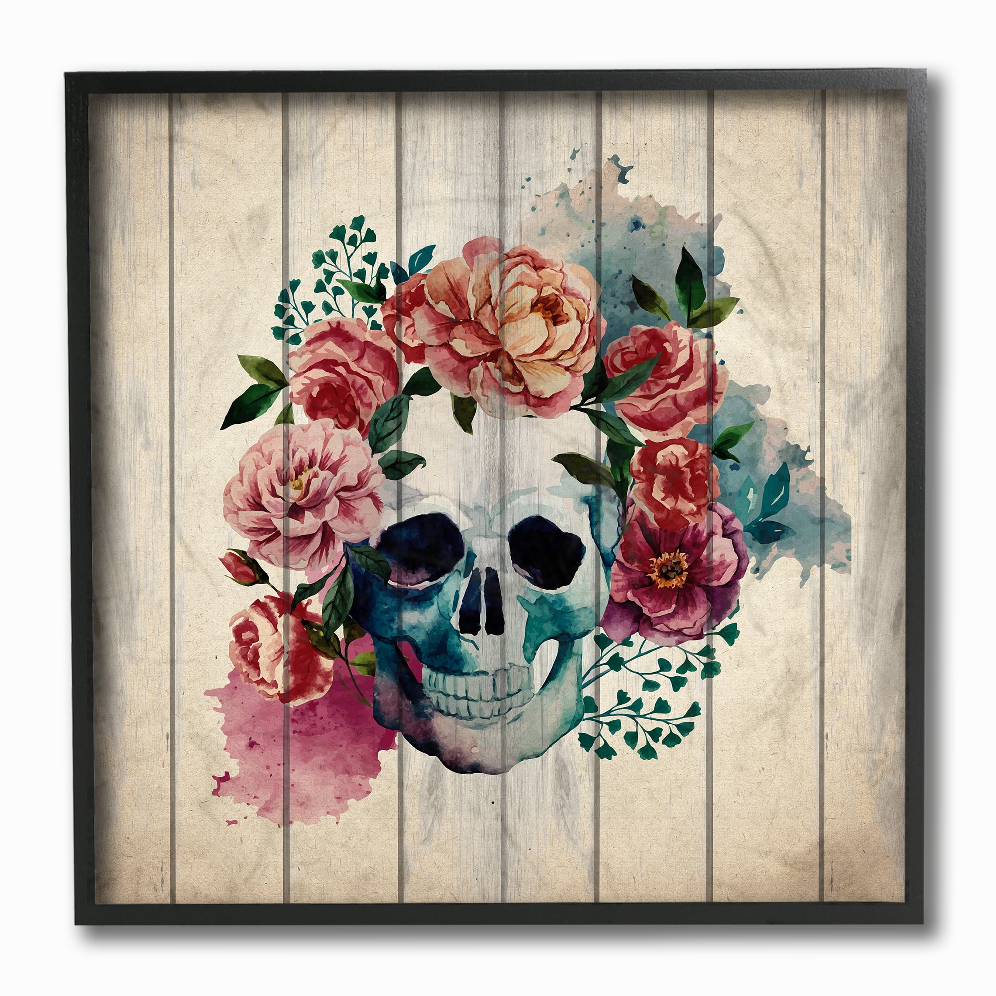 The Stupell Home Decor Collection Floral Skull Watercolor On Planks Wall Art