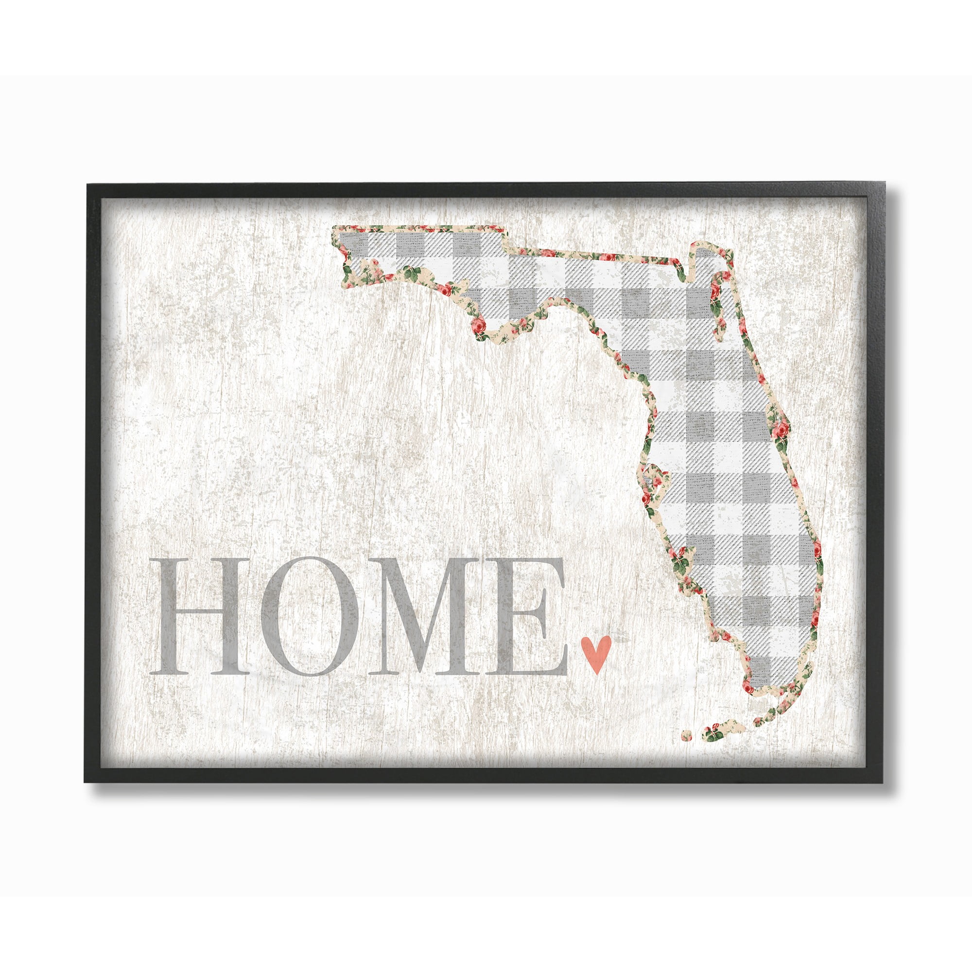 The Stupell Home Decor Collection Florida Grey Gingham and Floral Heart and Home Oversized Framed Giclee Texturized Art, 16 x 1.5 x 20
