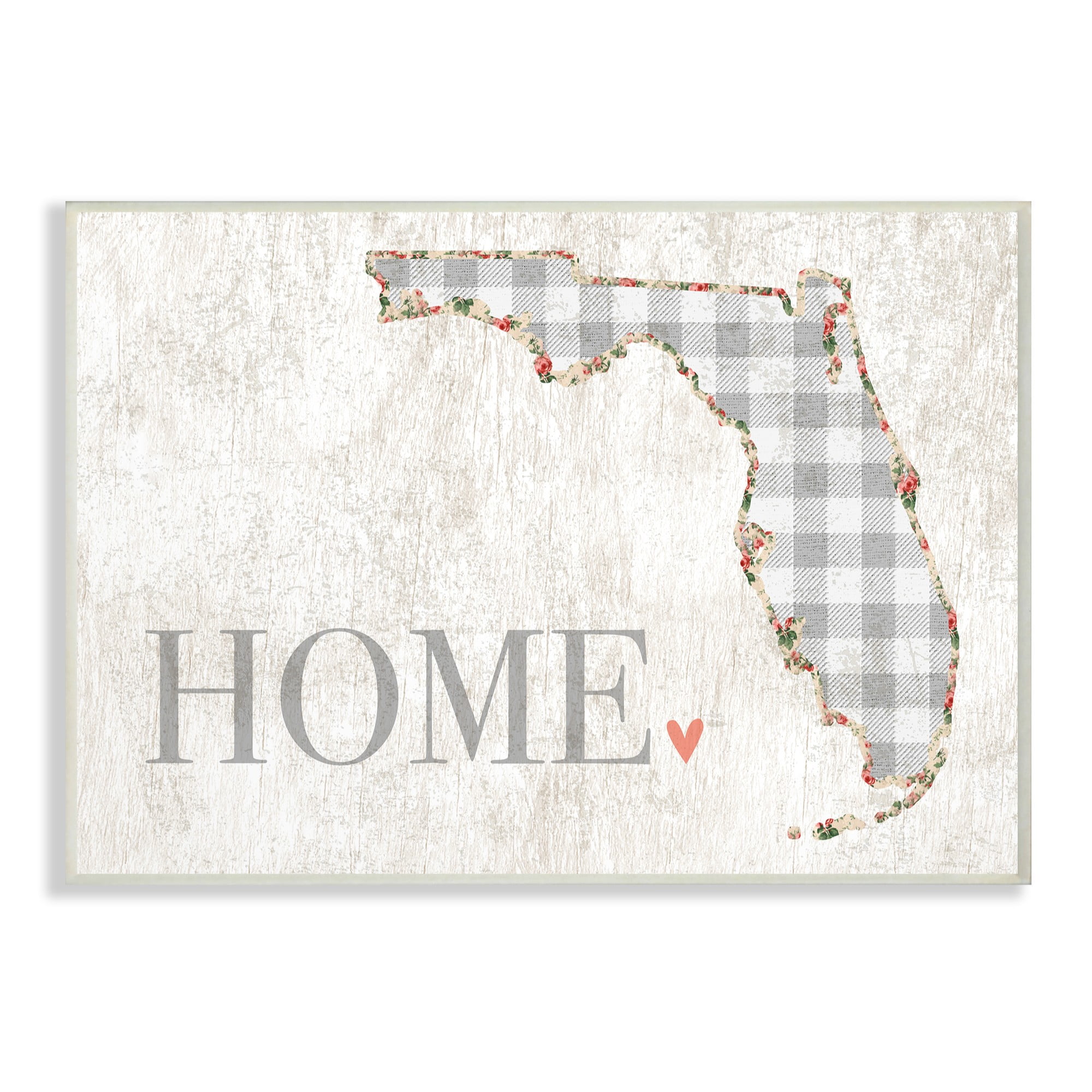 The Stupell Home Decor Collection Florida Grey Gingham and Floral Heart and Home Oversized Wall Plaque Art, 12.5 x 0.5 x 18.5