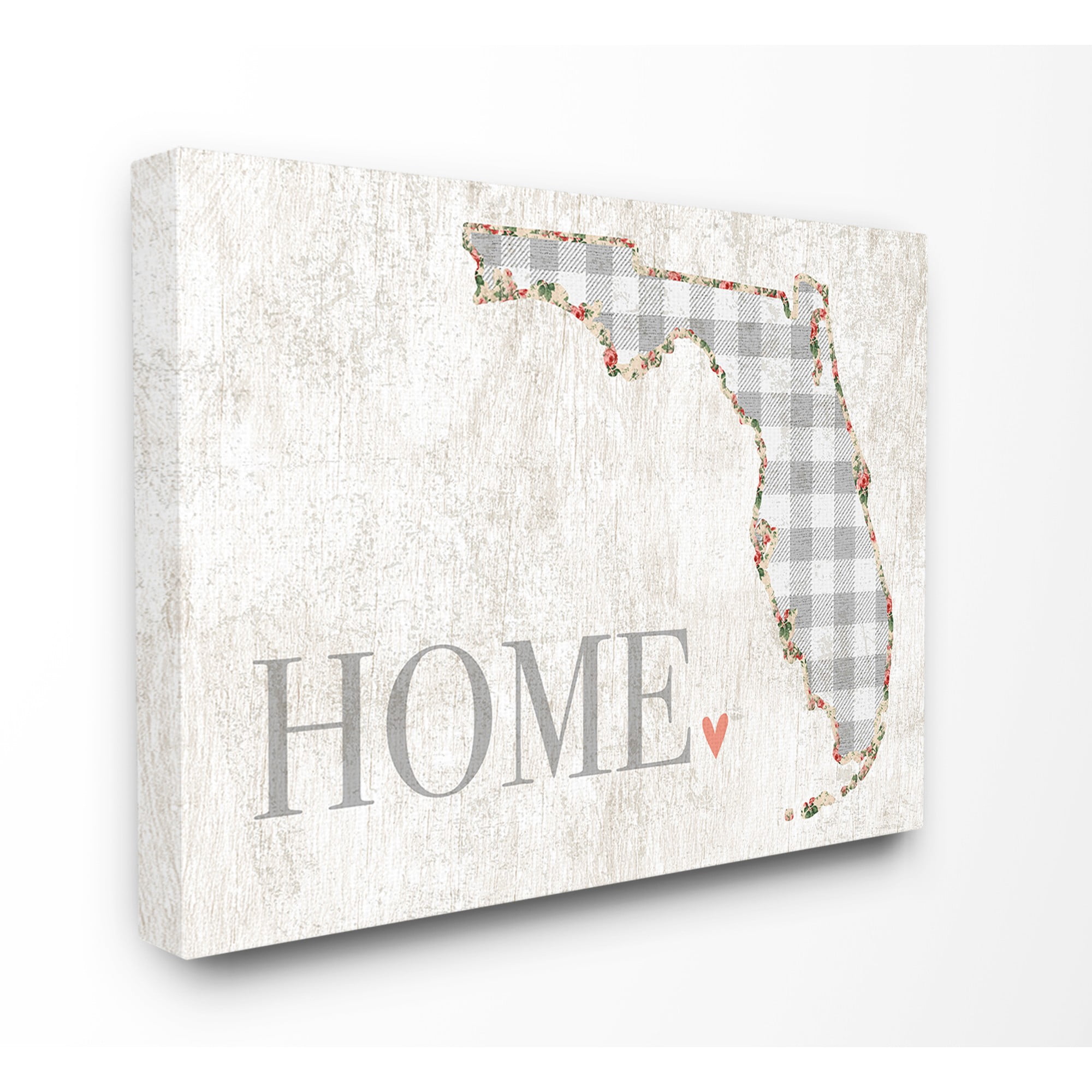 The Stupell Home Decor Collection Florida Grey Gingham and Floral Heart and Home Stretched Canvas Wall Art, 16 x 1.5 x 20