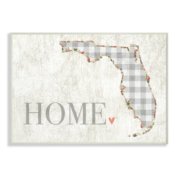The Stupell Home Decor Collection Florida Grey Gingham and Floral Heart and Home Wall Plaque Art, 10 x 0.5 x 15