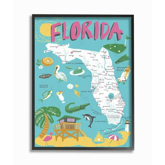 The Stupell Home Decor Collection Florida Teal Blue and Pink Illustrated Scenic Map Poster Framed Giclee Texturized Art
