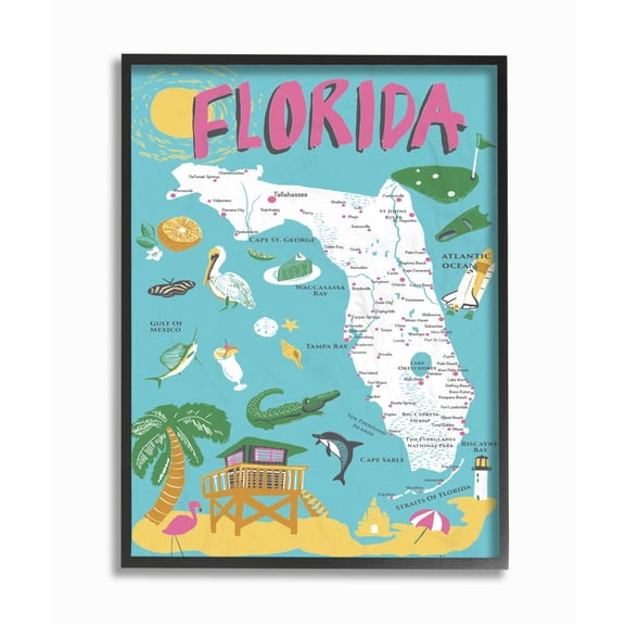 The Stupell Home Decor Collection Florida Teal Blue and Pink Illustrated Scenic Map Poster Framed Giclee Texturized Art