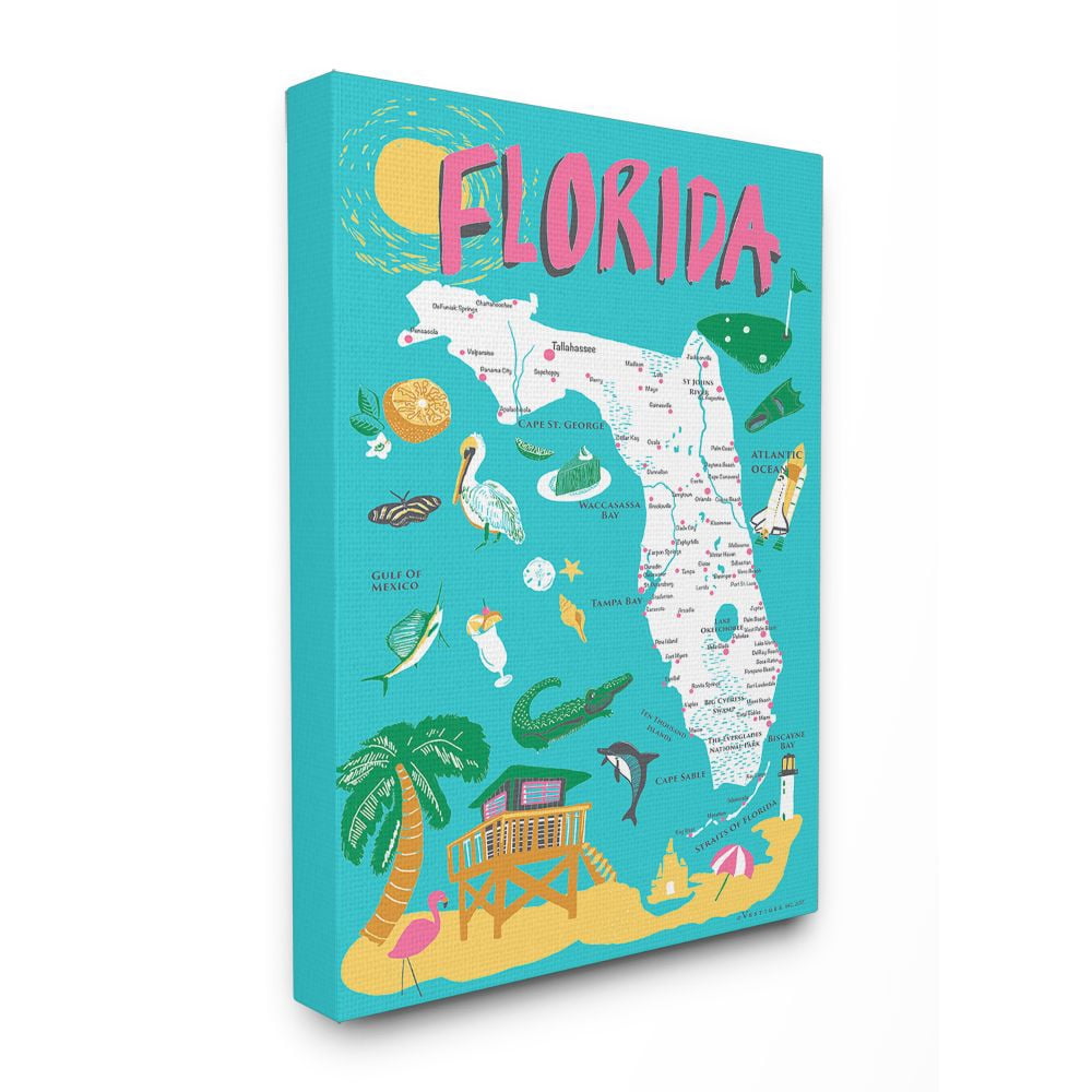 The Stupell Home Decor Collection Florida Teal Blue and Pink Illustrated Scenic Map Poster Super Canvas Wall Art