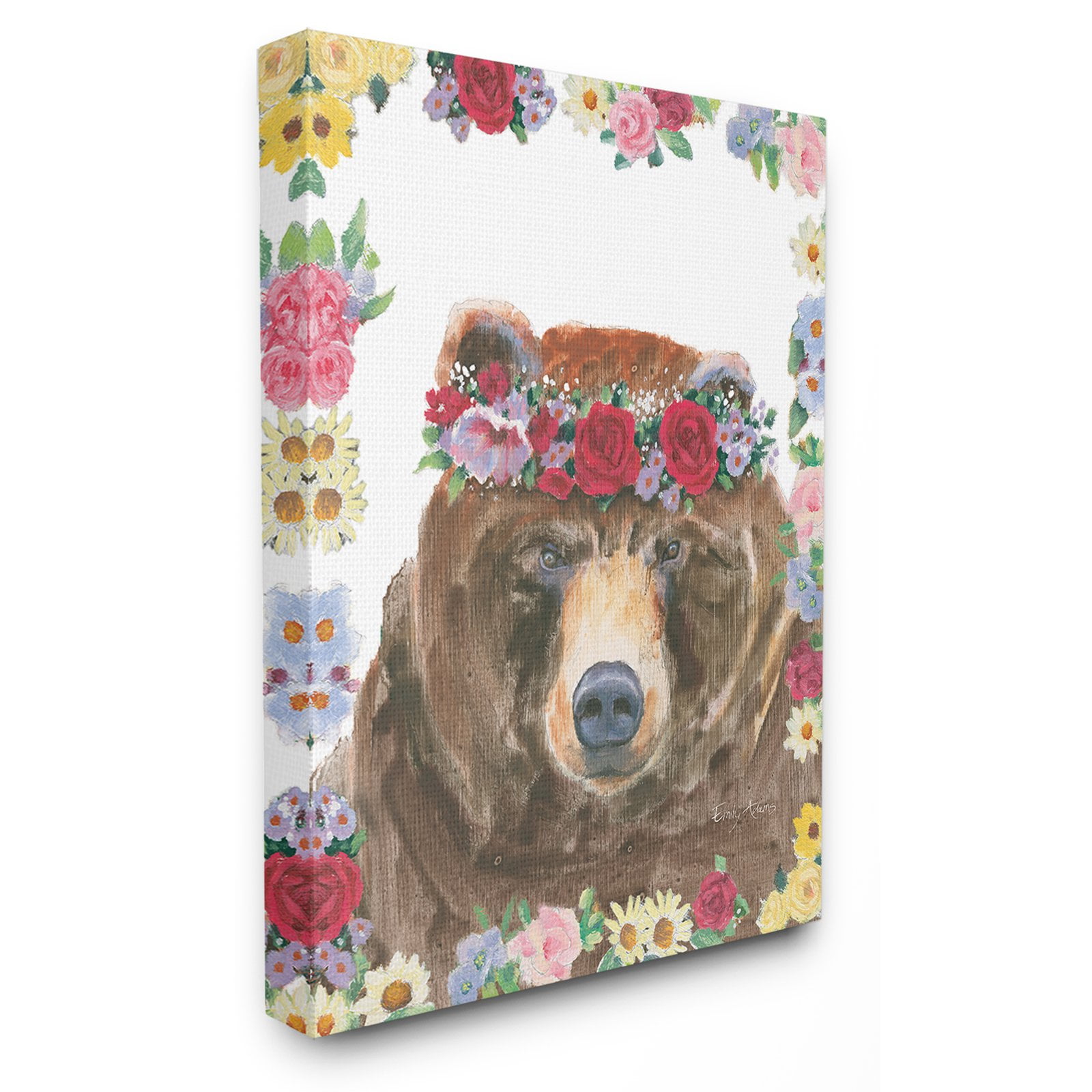 Floral Crown Brown Bear Canvas Wall Art for Kids