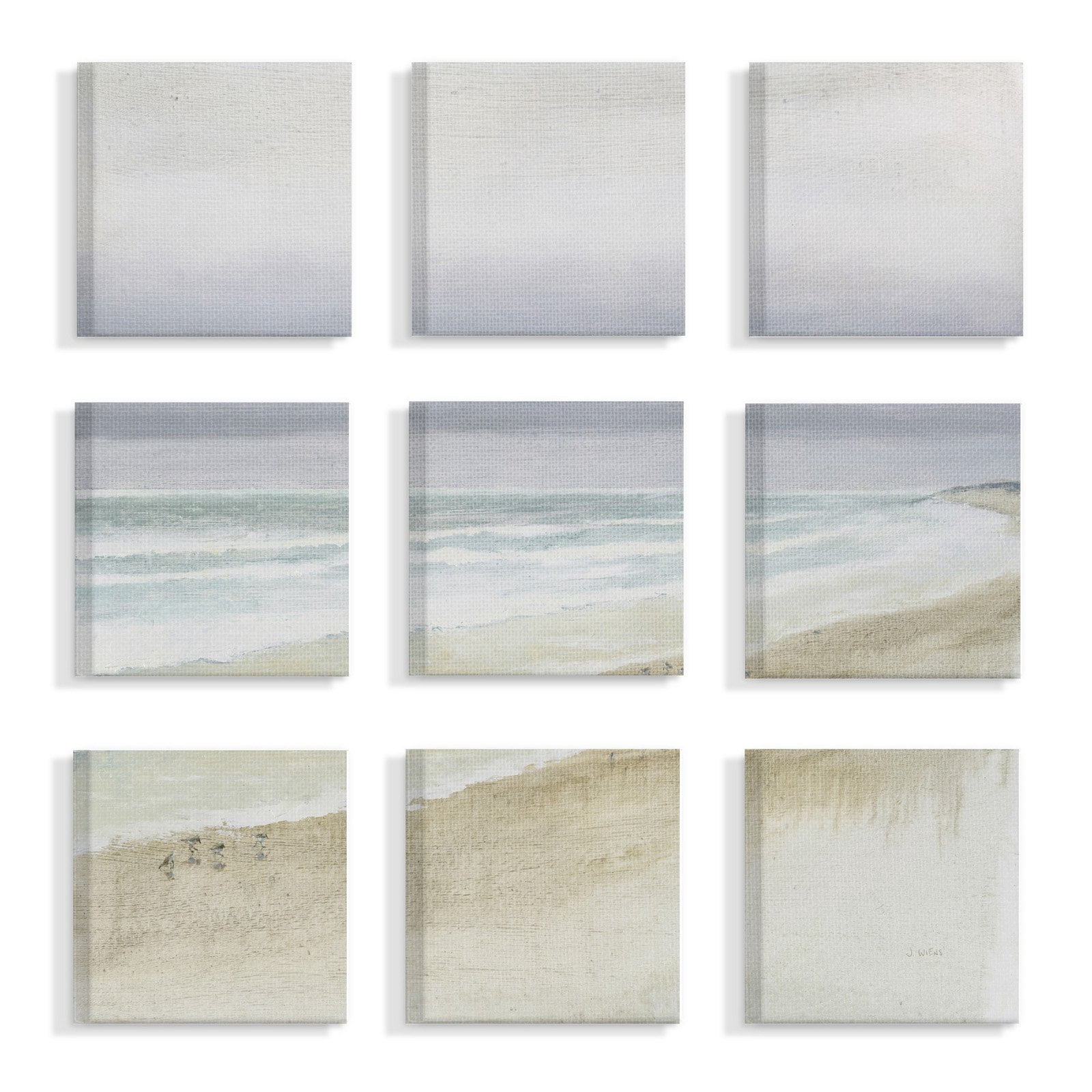 The Stupell Home Decor Collection Tan Blue and Grey Gentle Beach Mist Overcast Sky Painting 9pc Stretched Canvas Wall Art Set, 12 x 1.5 x 12