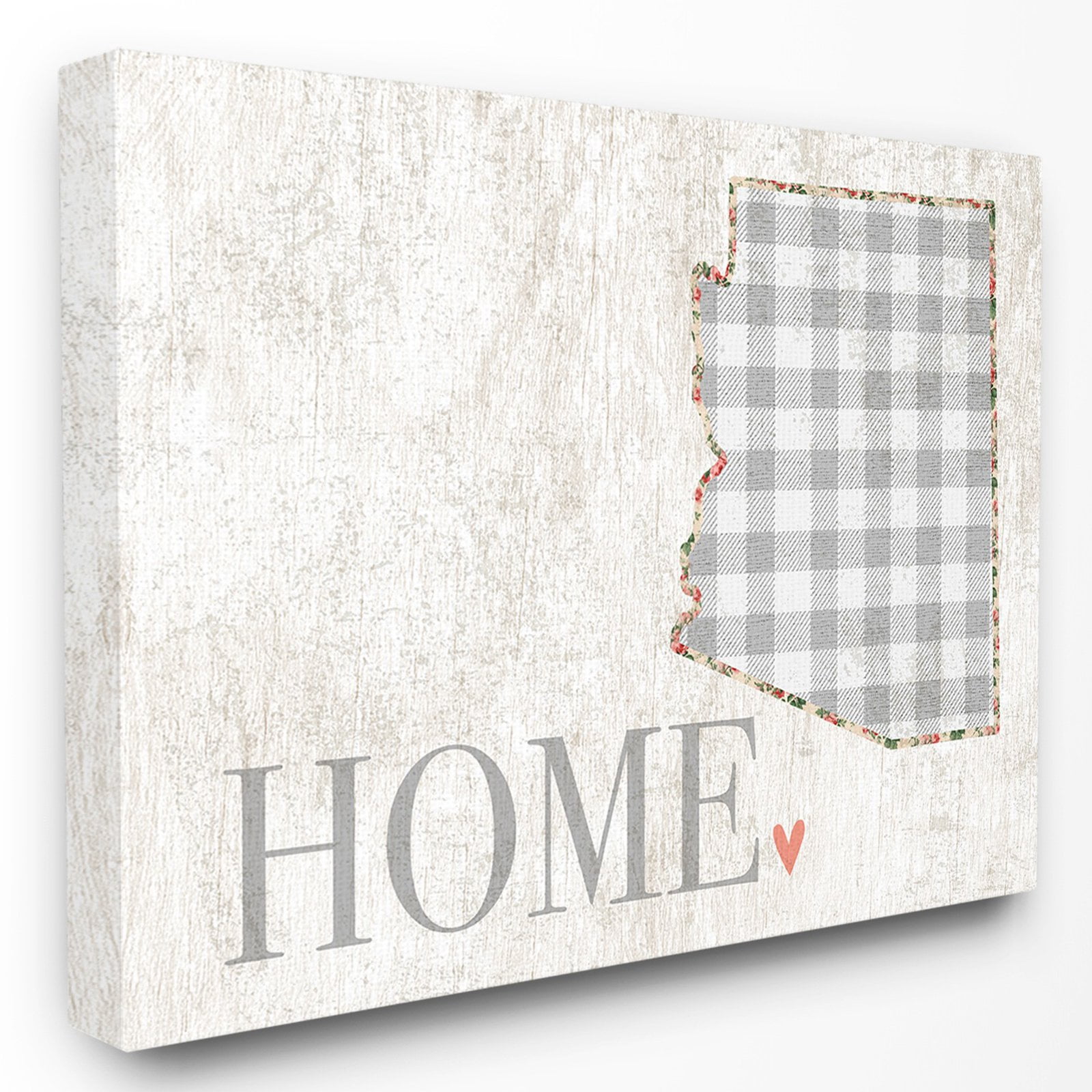 The Stupell Home Decor Collection Arizona Grey Gingham and Floral Heart and Home Stretched Canvas Wall Art, 16 x 1.5 x 20