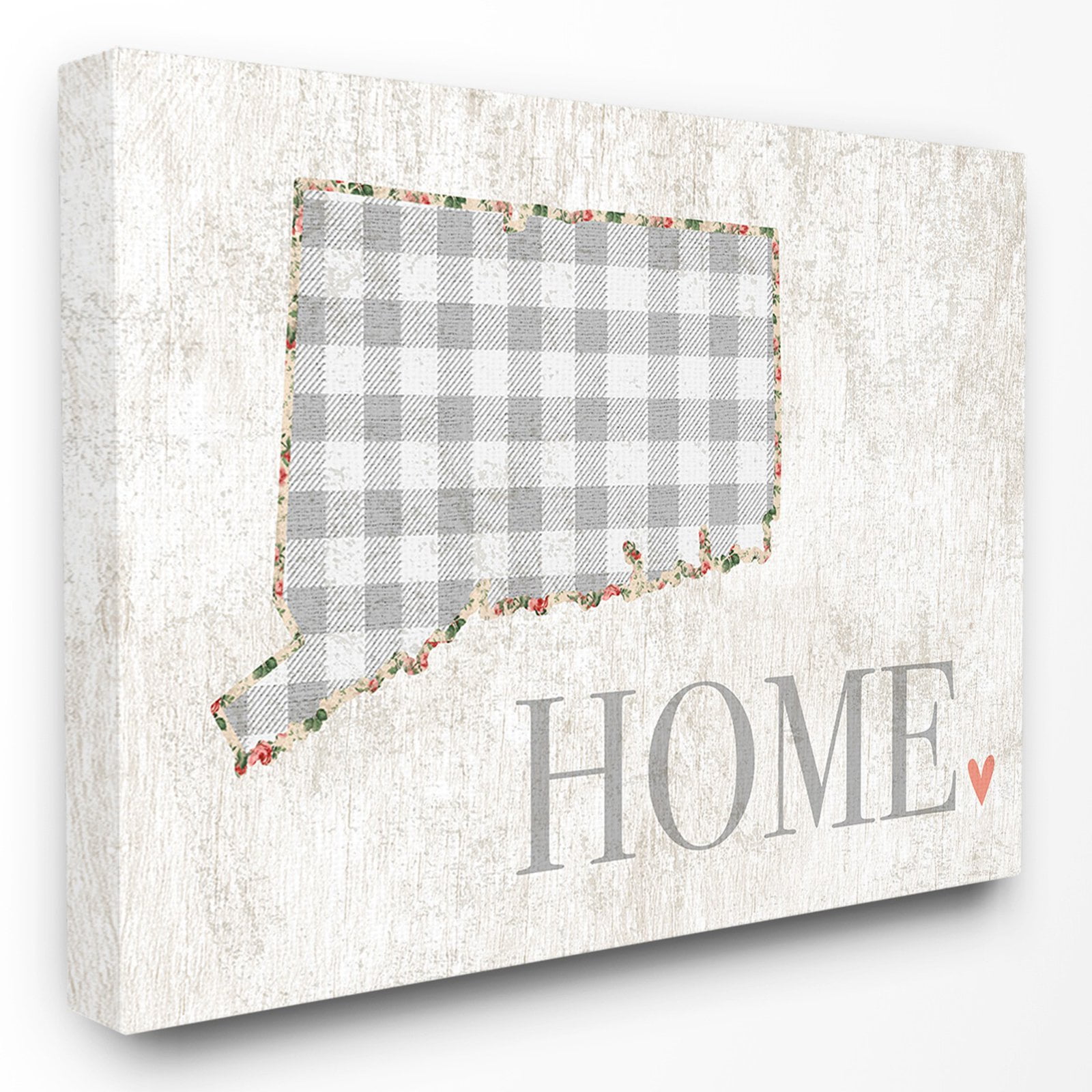 The Stupell Home Decor Collection Connecticut Grey Gingham and Floral Heart and Home Oversized Stretched Canvas Wall Art, 24 x 1.5 x 30
