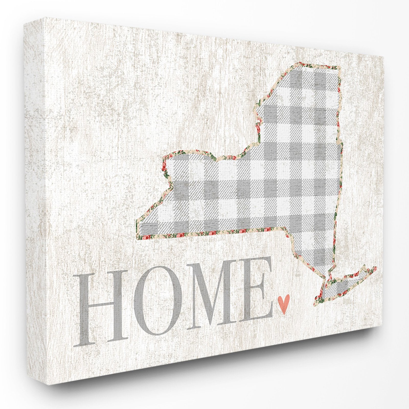 The Stupell Home Decor Collection New York Grey Gingham and Floral Heart and Home Oversized Stretched Canvas Wall Art, 24 x 1.5 x 30
