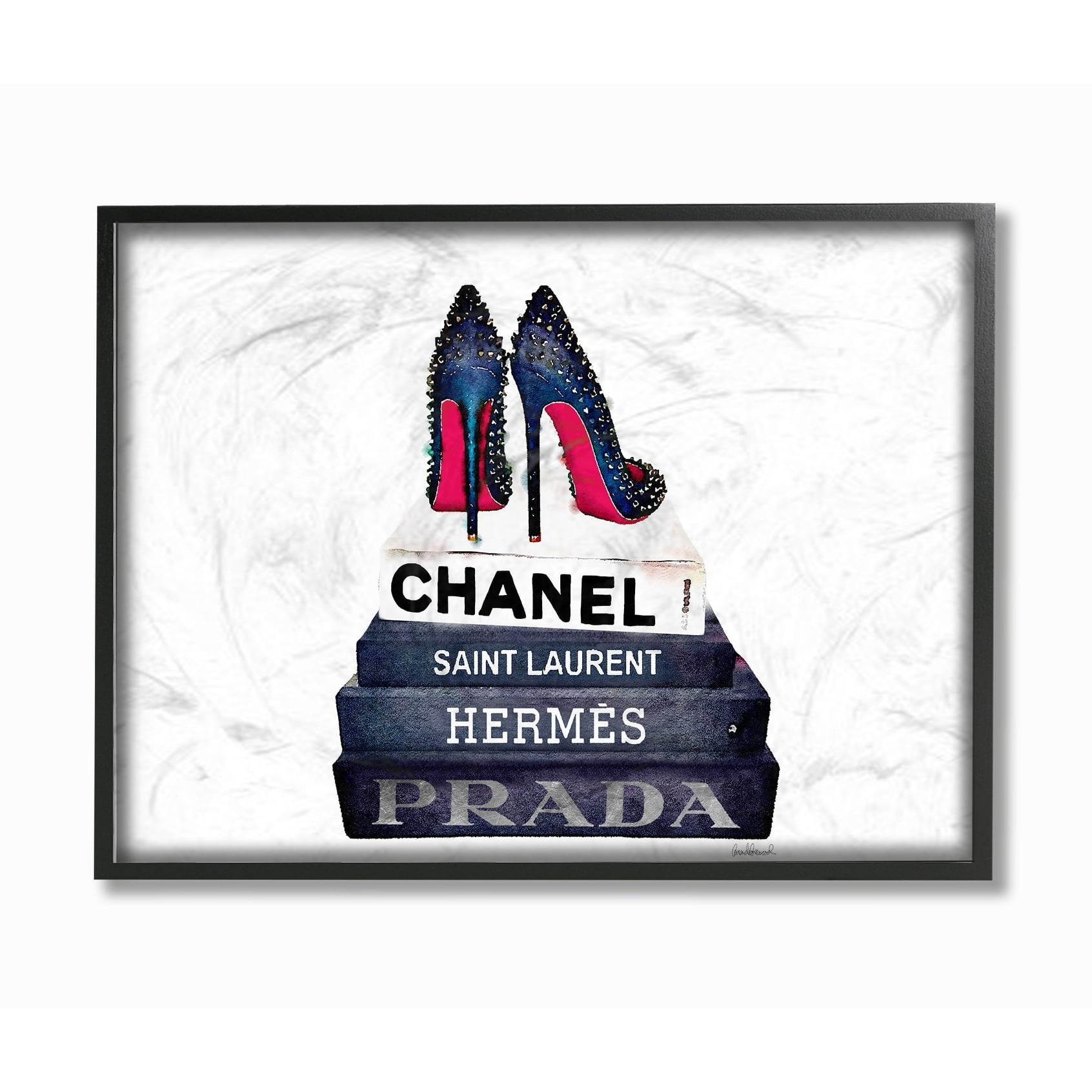 The Stupell Home Decor Collection Glam Fashion Book Set BW Stud Pump Heels Framed Giclee Texturized Art