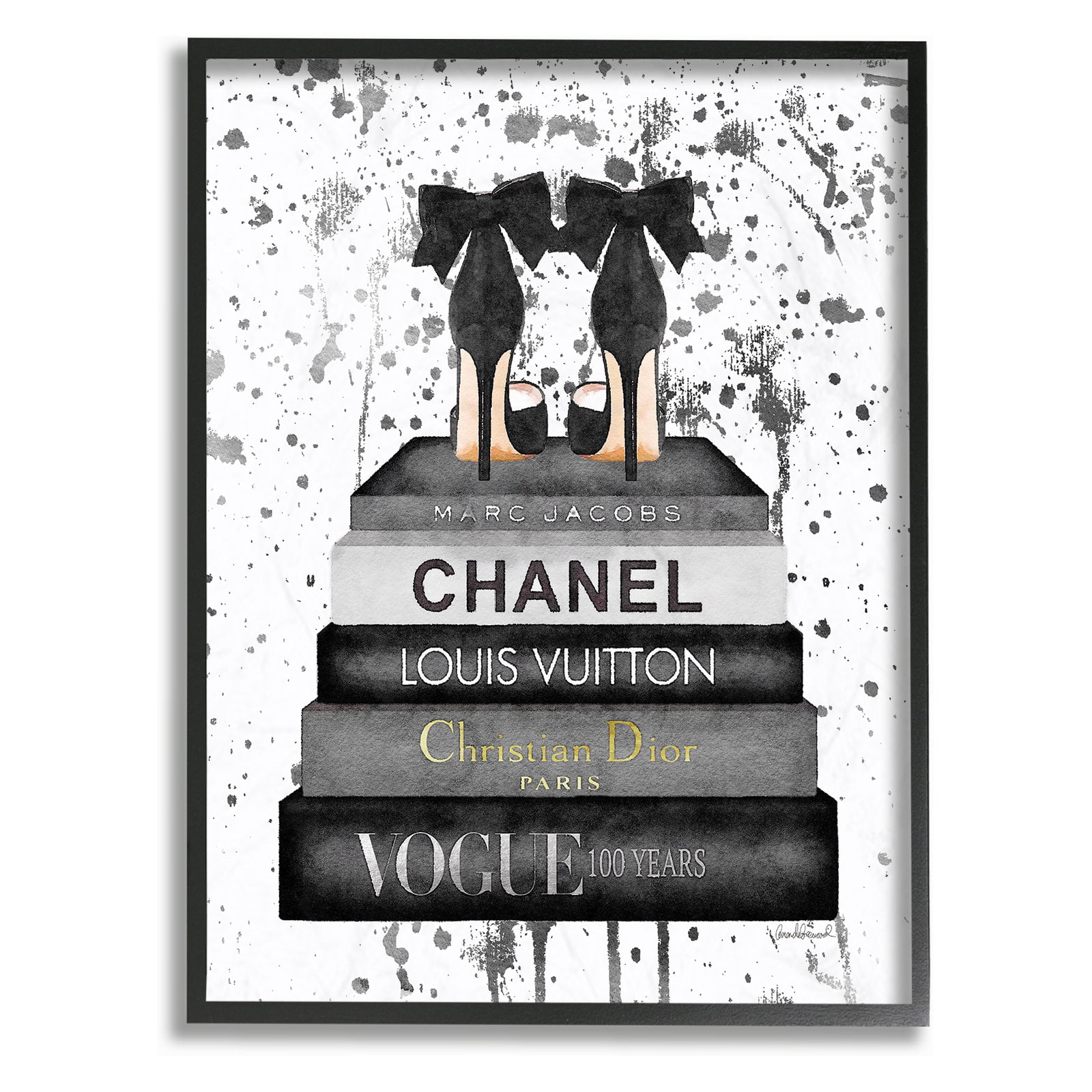 The Stupell Home Decor Collection Glam Fashion Book Stack Grey Bow Pump Heels Ink Oversized Framed Giclee Texturized Art