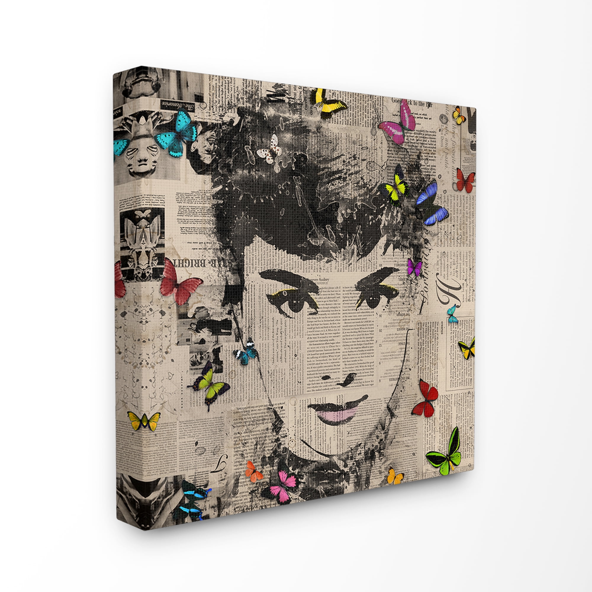 The Stupell Home Decor Collection Glam Fashion Hepburn Portrait on Newspaper with Butterflies Oversized Stretched Canvas Wall Art, 24 x 1.5 x 24