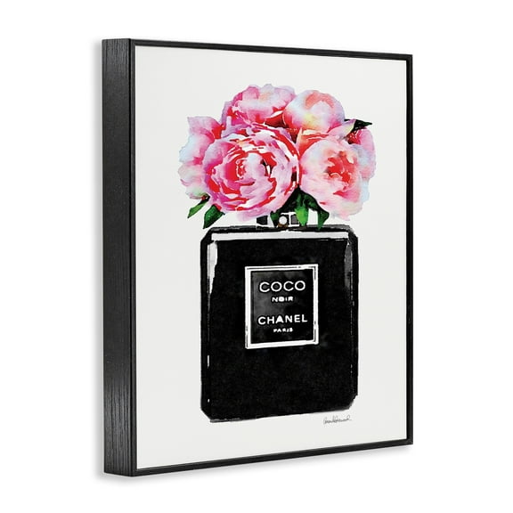 The Stupell Home Decor Collection Glam Perfume Bottle Flower Black Peony Pink Oversized Framed Giclee Texturized Art