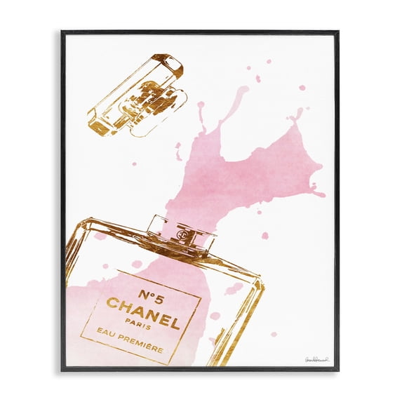 The Stupell Home Decor Collection Glam Perfume Bottle Splash Pink Gold Oversized Framed Giclee Texturized Art