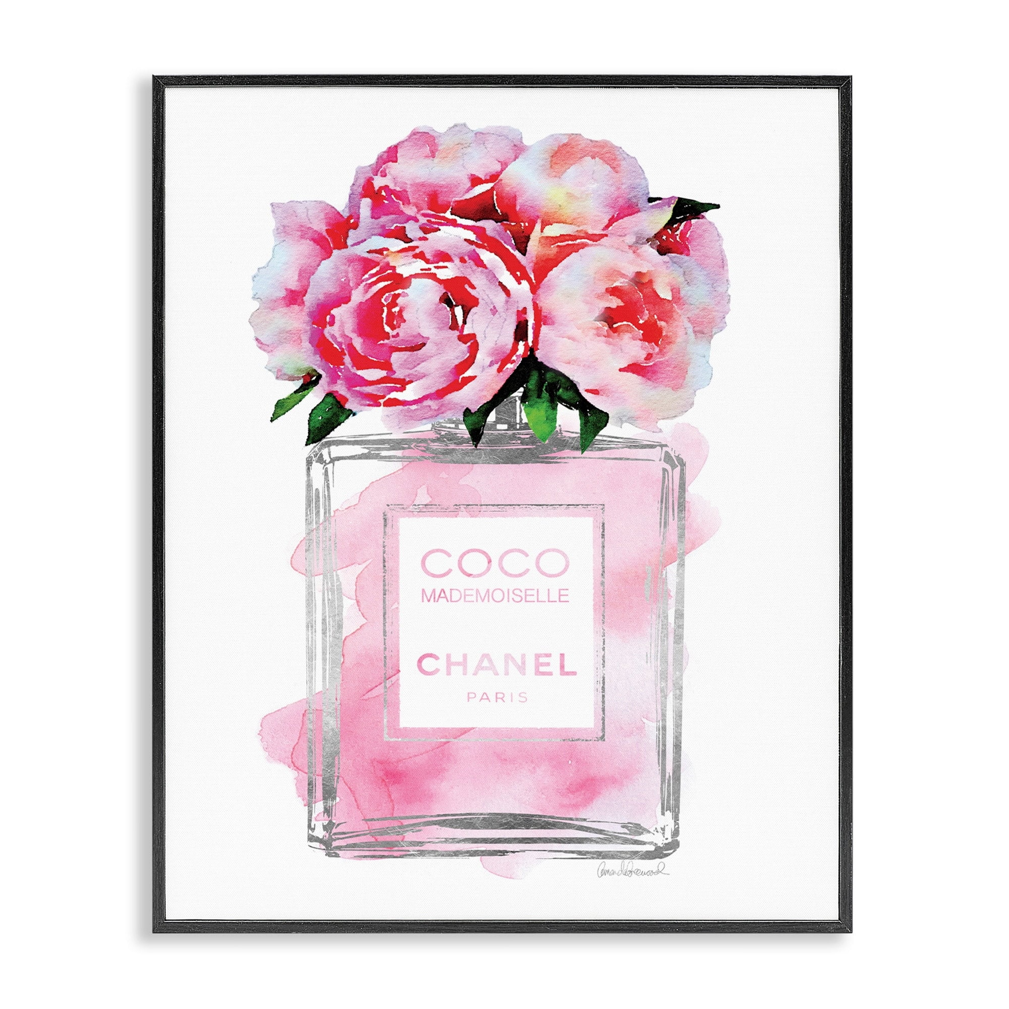 The Stupell Home Decor Collection Glam Perfume Bottle V2 Flower Silver Pink Peony Oversized Framed Giclee Texturized Art