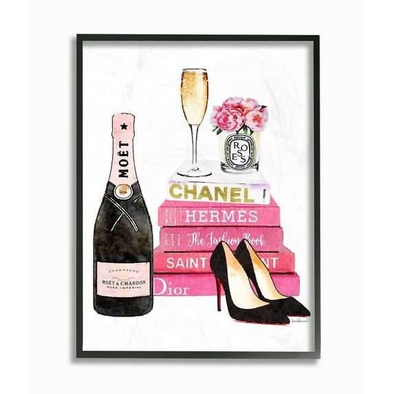The Stupell Home Decor Collection Glam Pink Fashion Book Champagne Heels and Flowers Oversized Framed Giclee Texturized Art