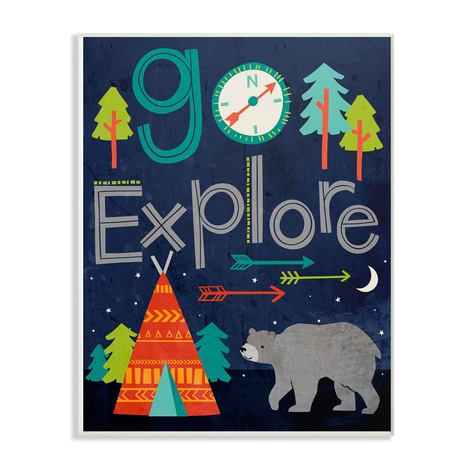 The Kids Room by Stupell Go Explore Night Time Tee Pee with Bear Oversized Wall Plaque Art, 12.5 x 0.5 x 18.5