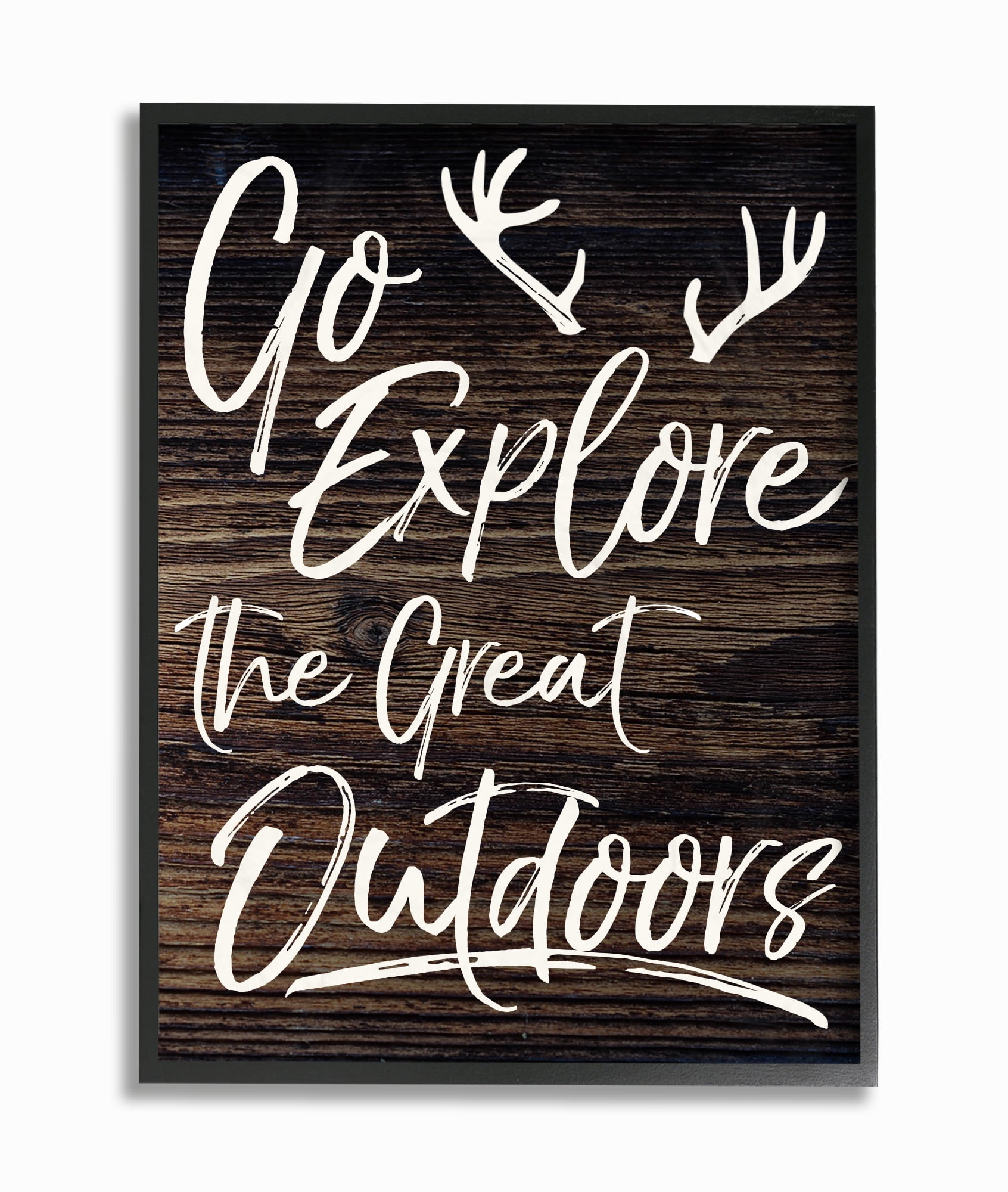 The Stupell Home Decor Collection Go Explore The Great Outdoors Antlers Distressed Wood Framed Giclee Texturized Art, 11 x 1.5 x 14