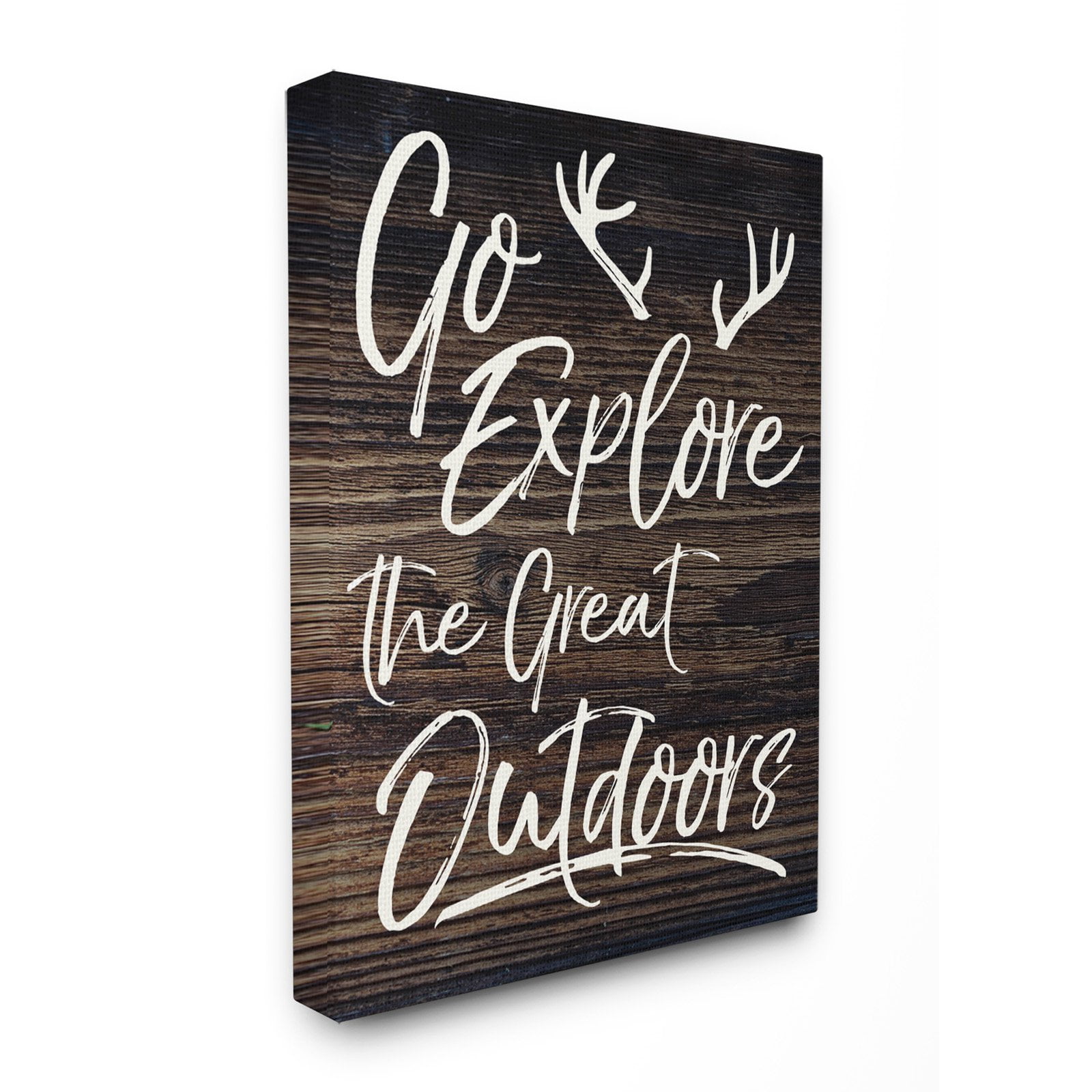 The Stupell Home Decor Collection Go Explore The Great Outdoors Antlers Distressed Wood Oversized Stretched Canvas Wall Art, 24 x 1.5 x 30