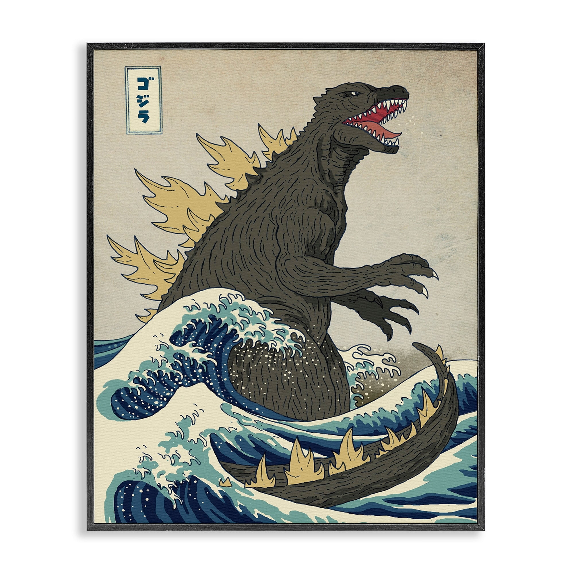 The Stupell Home Decor Collection Godzilla in the Waves Eastern Poster Style Illustration Framed Giclee Texturized Art, 16 x 20