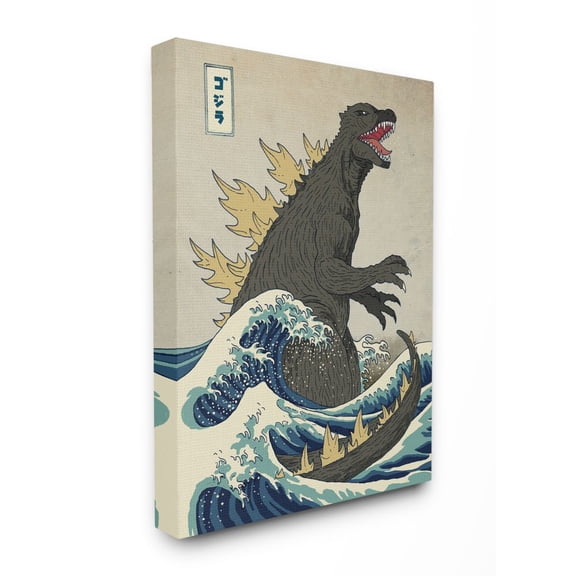 The Stupell Home Decor Collection Godzilla in the Waves Eastern Poster Style Illustration Stretched Canvas Wall Art, 16 x 20