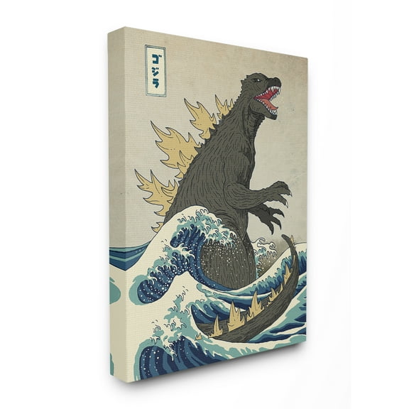The Stupell Home Decor Collection Godzilla in the Waves Eastern Poster Style Illustration Stretched Canvas Wall Art, 30 x 40