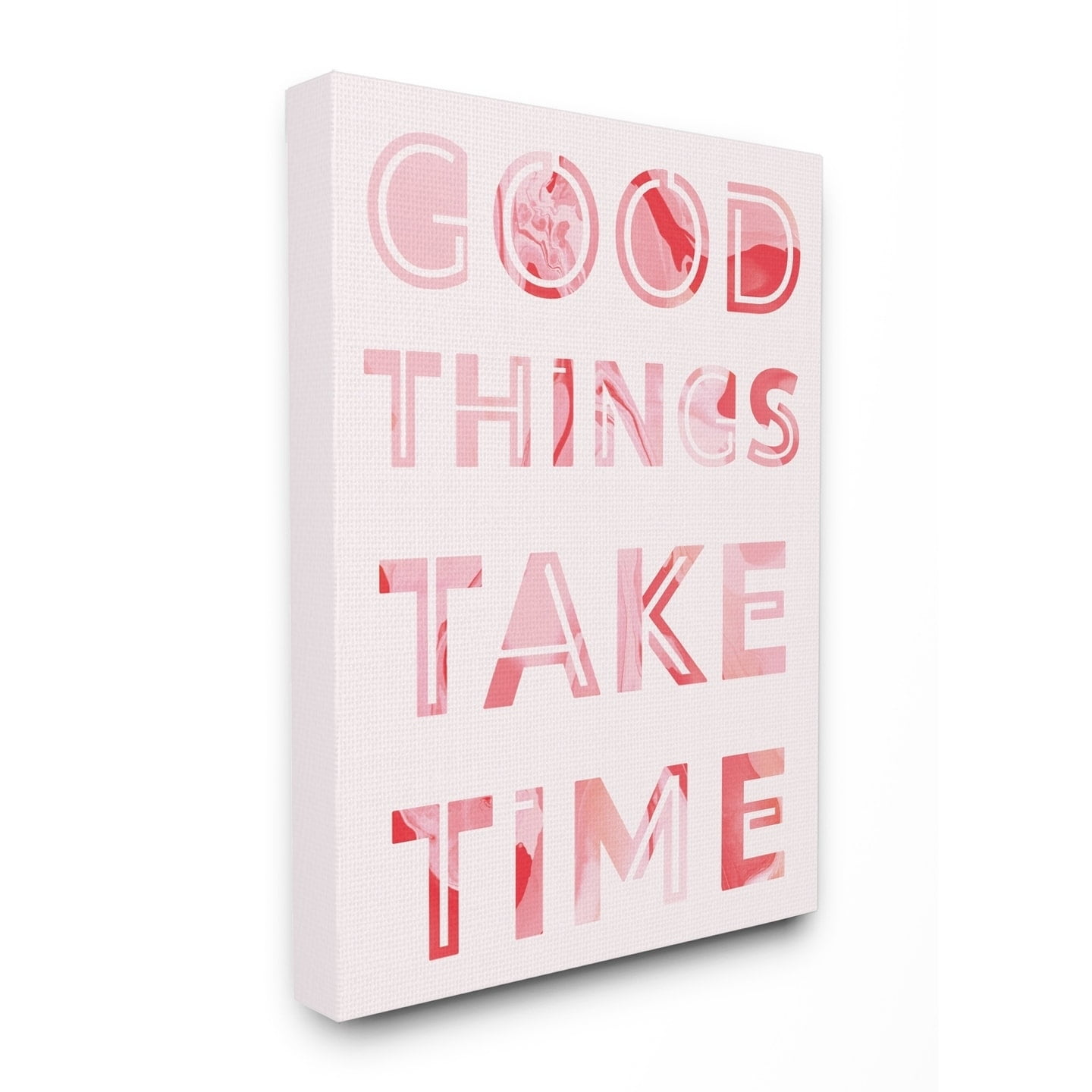 The Stupell Home Decor Collection Good Things Take Time Bright Pink Marble Cut Out Typography Stretched Canvas Wall Art, 16 x 20
