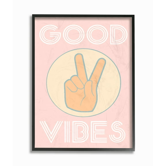 The Stupell Home Decor Collection Good Vibes Peace Hand Pink Framed Wall Art