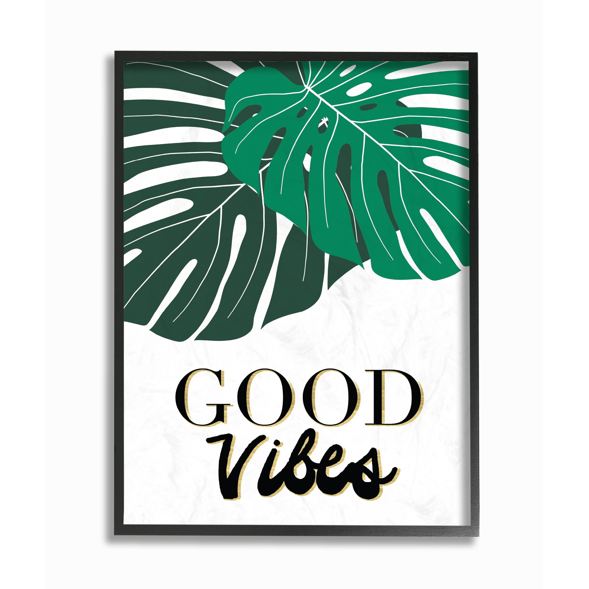 The Stupell Home Decor Collection Good Vibes Tropical Monstera Typography Framed Giclee Texturized Art, 11 x 1.5 x 14