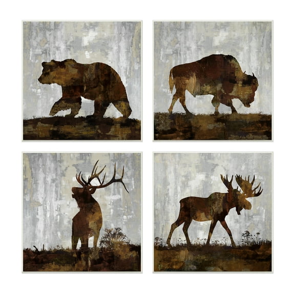 The Stupell Home Decor Collection Grey and Brown Watercolor Distressed Texture Woodland Animals Bear Buffalo Deer and Moose 4pc Wall Plaque Art Set, 12 x 0.5 x 12