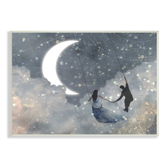 The Stupell Home Decor Collection Grey and Blue Celestial Love Sky Swinging by the Crescent Moon and Stars Wall Plaque Art, 10 x 0.5 x 15