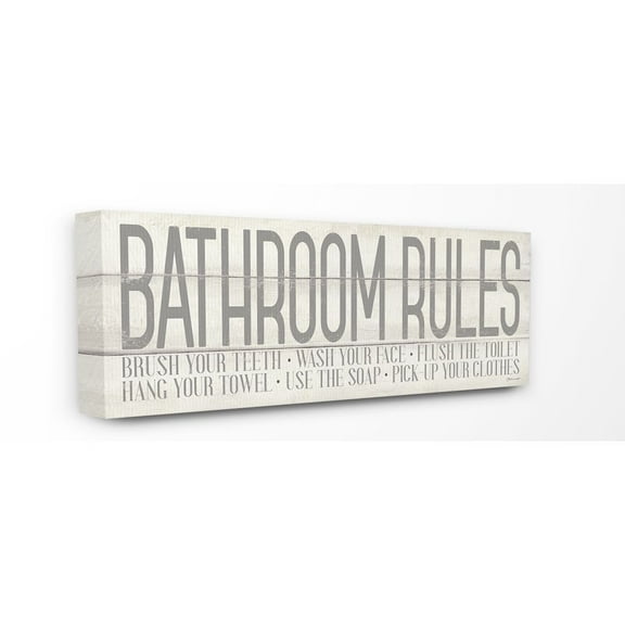 The Stupell Home Decor Collection Grey and White Planked Look Bathroom Rules Typography Canvas Wall Art