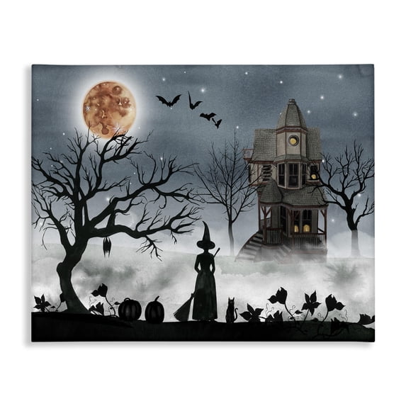 The Stupell Home Decor Collection Halloween Witch Silhouette in Full Moon Haunted House Scene XXL Stretched Canvas Wall Art, 30 x 1.5 x 40