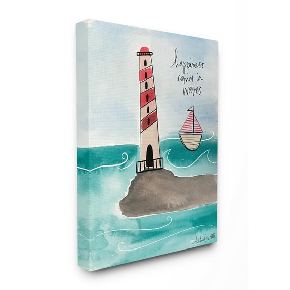 The Stupell Home Decor Collection Happiness Comes In Waves Lighthouse And Sailboat Coastal Illustration Stretched Canvas Wall Art, 16 x 20