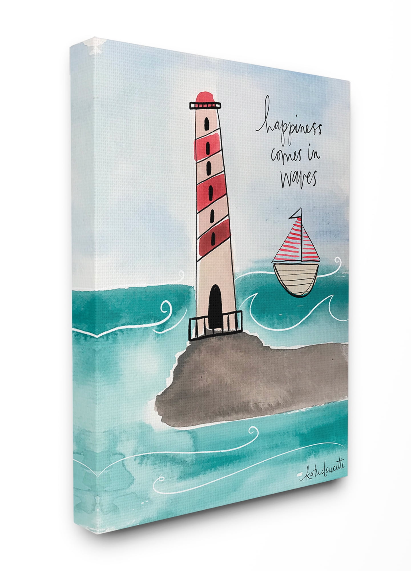 The Stupell Home Decor Collection Happiness Comes In Waves Lighthouse And Sailboat Coastal Illustration Stretched Canvas Wall Art, 30 x 40
