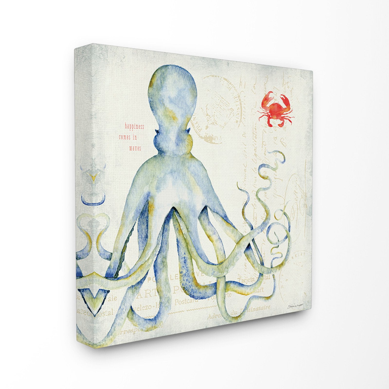 The Stupell Home Decor Collection Happiness Comes In Waves Octopus and Crab Stretched Canvas Wall Art, 30 x 1.5 x 30