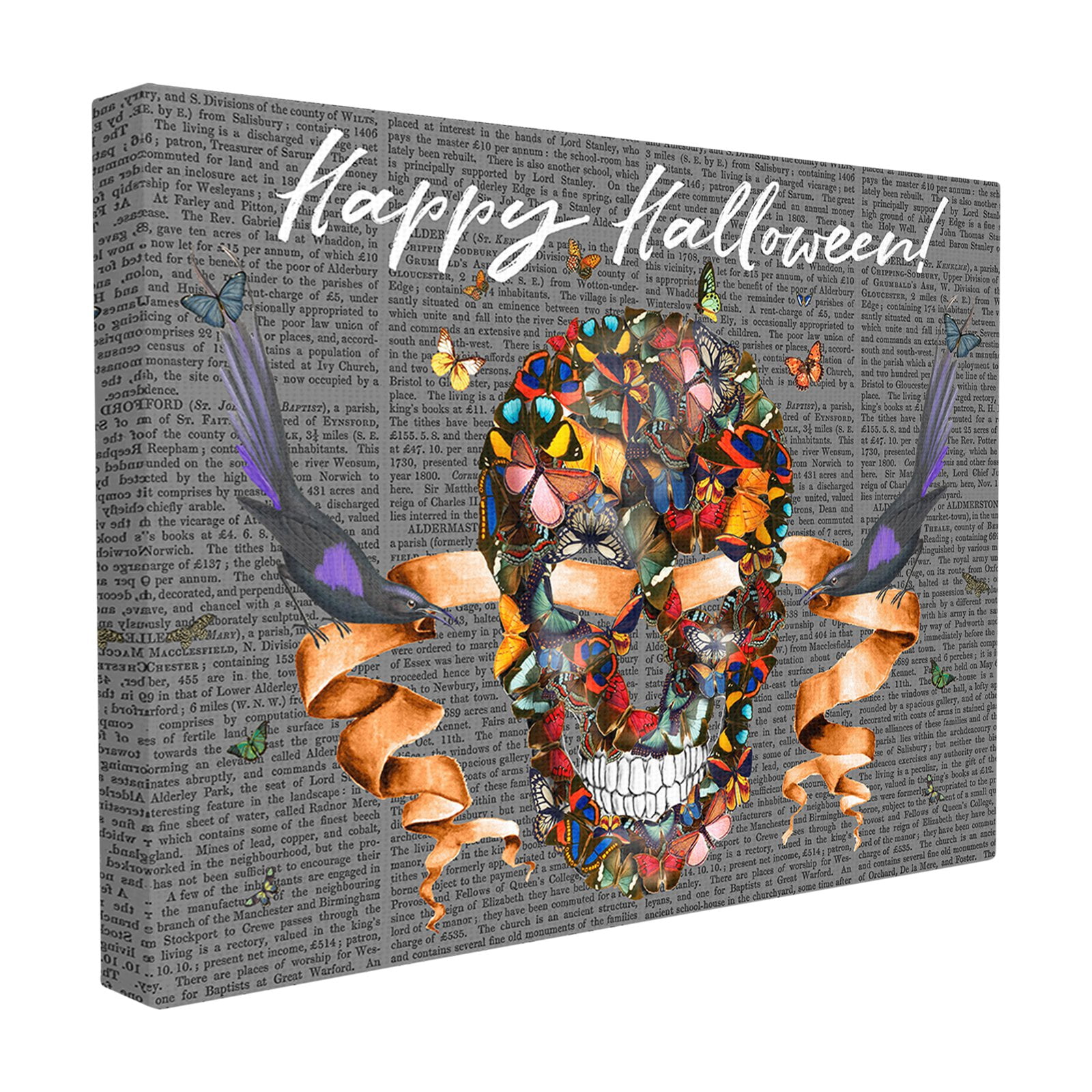 The Stupell Home Decor Collection Happy Halloween Butterfly Skull with Ravens and Ribbon Framed Giclee Texturized Art, 11 x 1.5 x 14