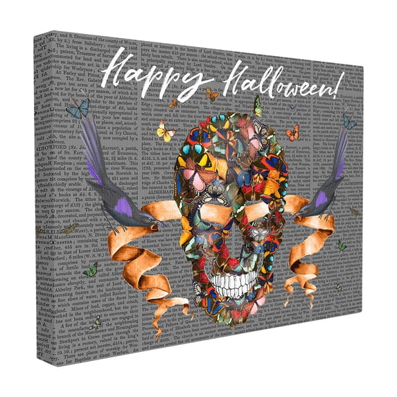 The Stupell Home Decor Collection Happy Halloween Butterfly Skull with Ravens and Ribbon Oversized Stretched Canvas Wall Art, 24 x 1.5 x 30