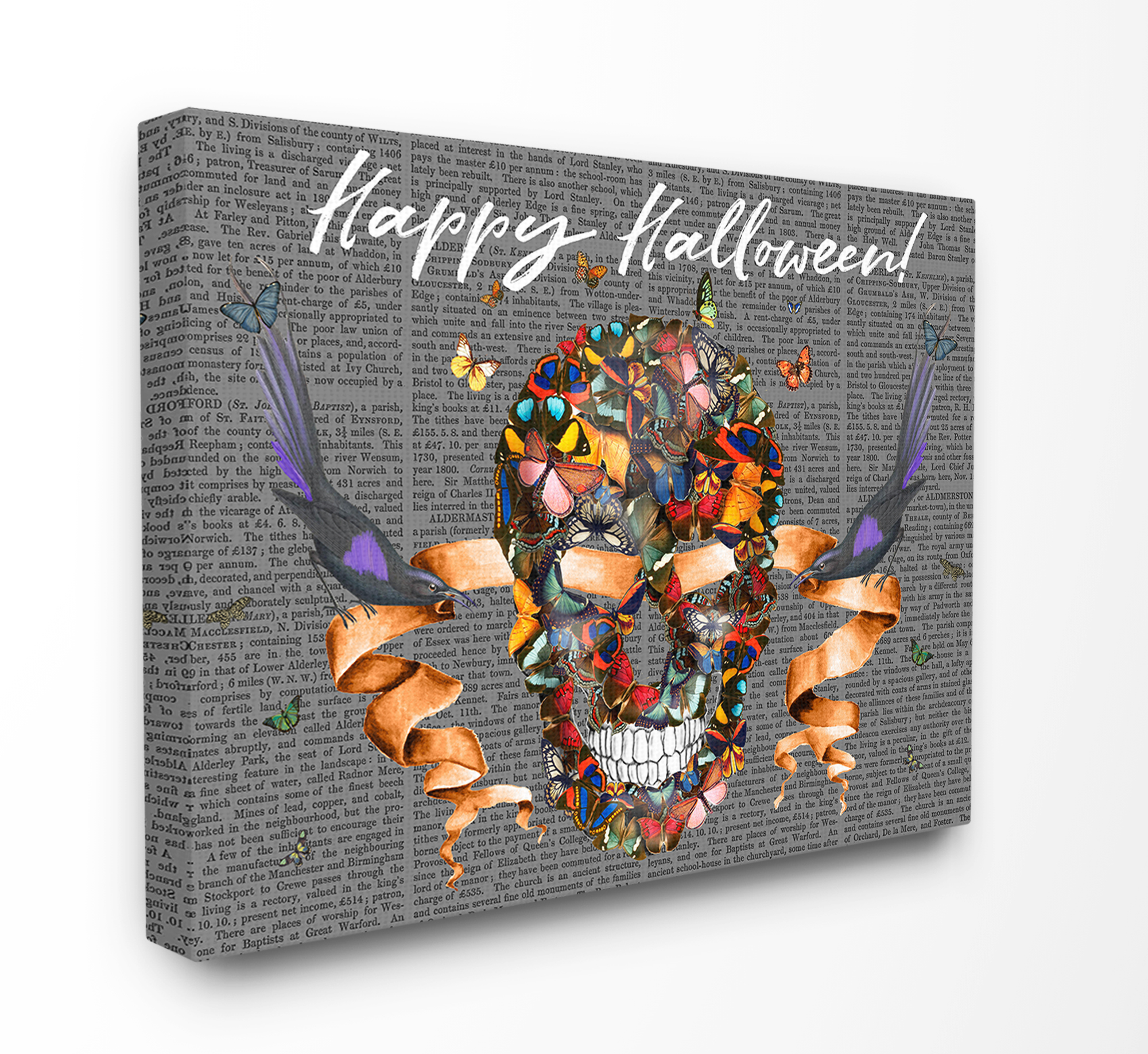 The Stupell Home Decor Collection Happy Halloween Butterfly Skull with Ravens and Ribbon XXL Stretched Canvas Wall Art, 30 x 1.5 x 40