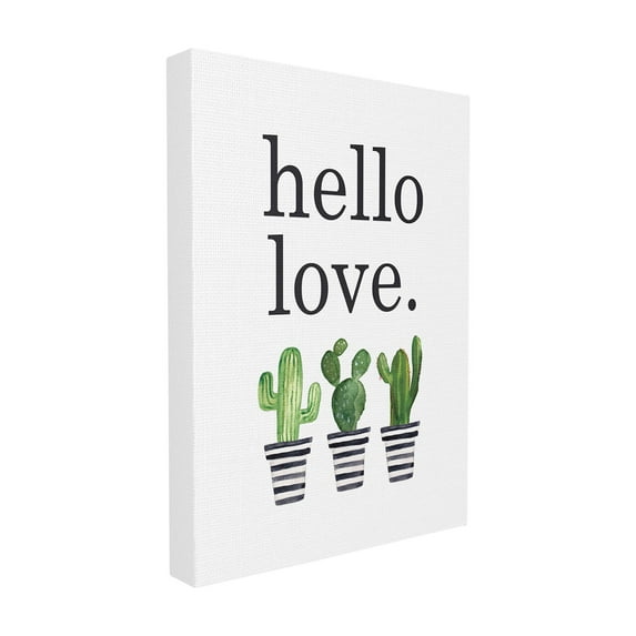 The Stupell Home Decor Collection Hello Love Typography with Watercolor Cacti and Striped Pots Oversized Stretched Canvas Wall Art, 24 x 1.5 x 30