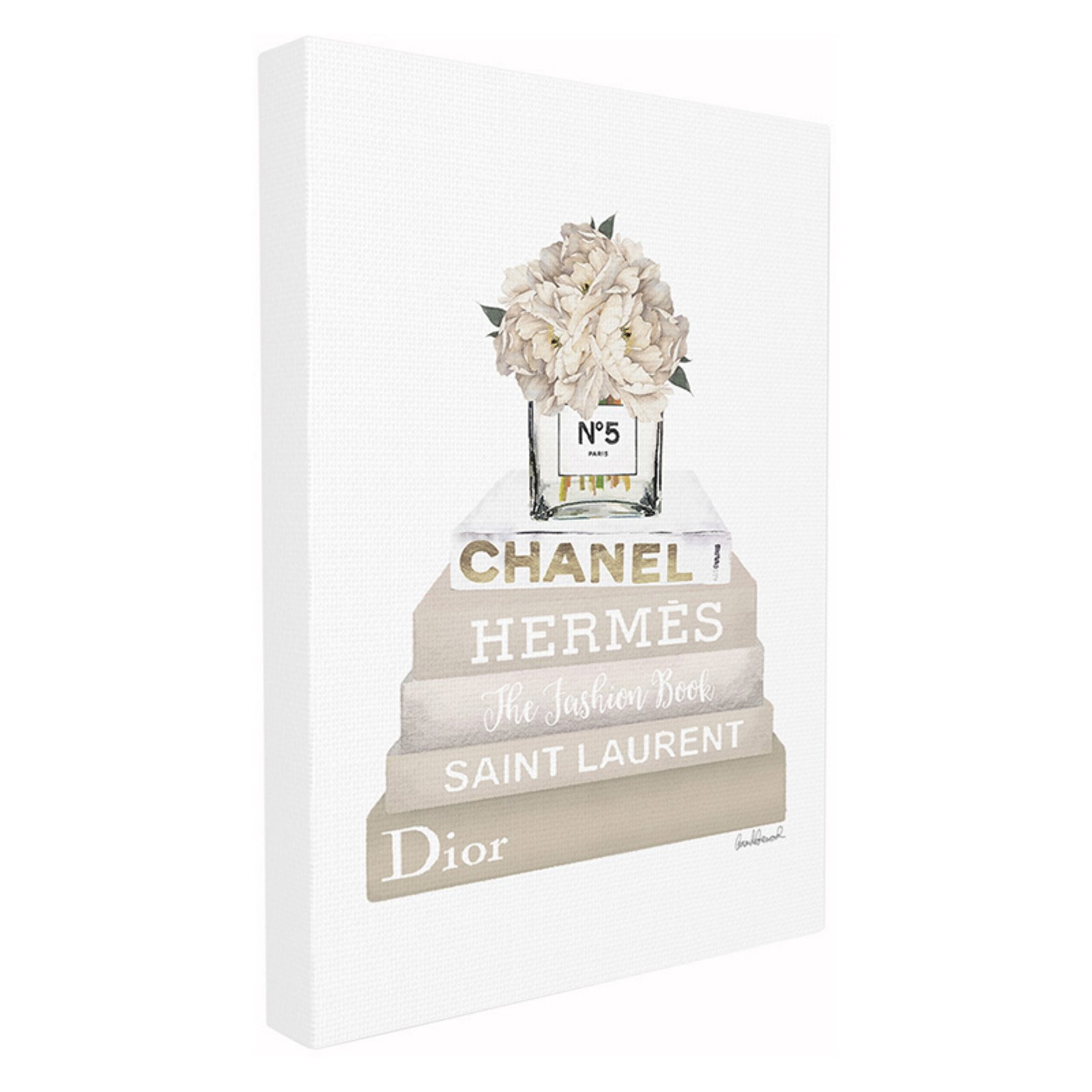 High Fashion Bookstack with Tan Flowers Canvas Wall Art