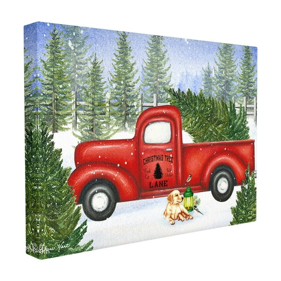 The Stupell Home Decor Collection Holiday Christmas Tree Lane Red Pickup Truck with Dog and Lantern Oversized Stretched Canvas Wall Art, 24 x 1.5 x 30